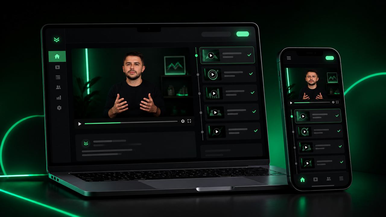Mockup do mini curso em notebook e celular na área de membros