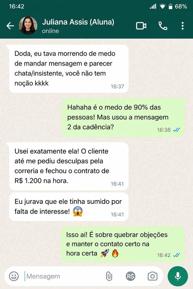 Print de conversa: Juliana Assis relata ter fechado contrato de R$ 1.200 na hora após usar a mensagem 2 da cadência