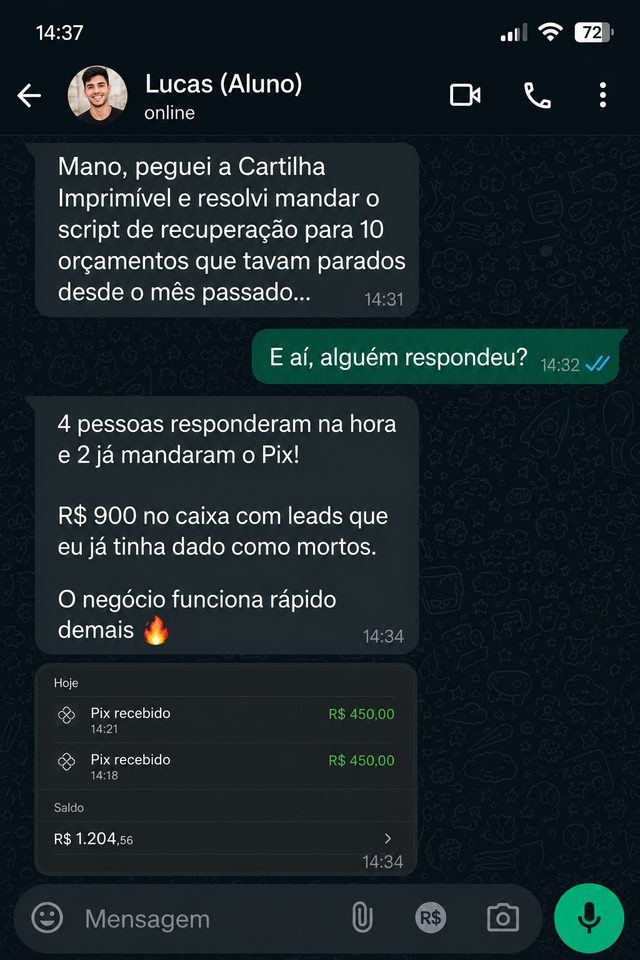 Print de conversa: Lucas relata ter recuperado R$ 900 de leads considerados mortos